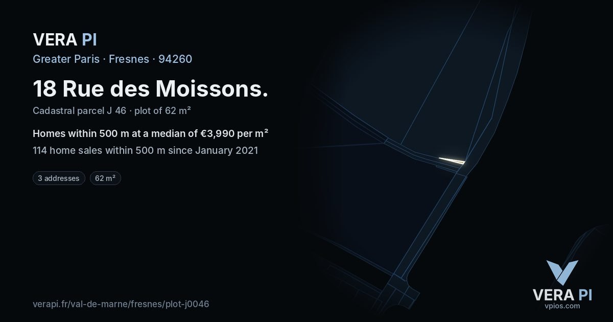18 Rue des Moissons, Fresnes at night – the plot lit, the parcels around coloured by the prices near them
