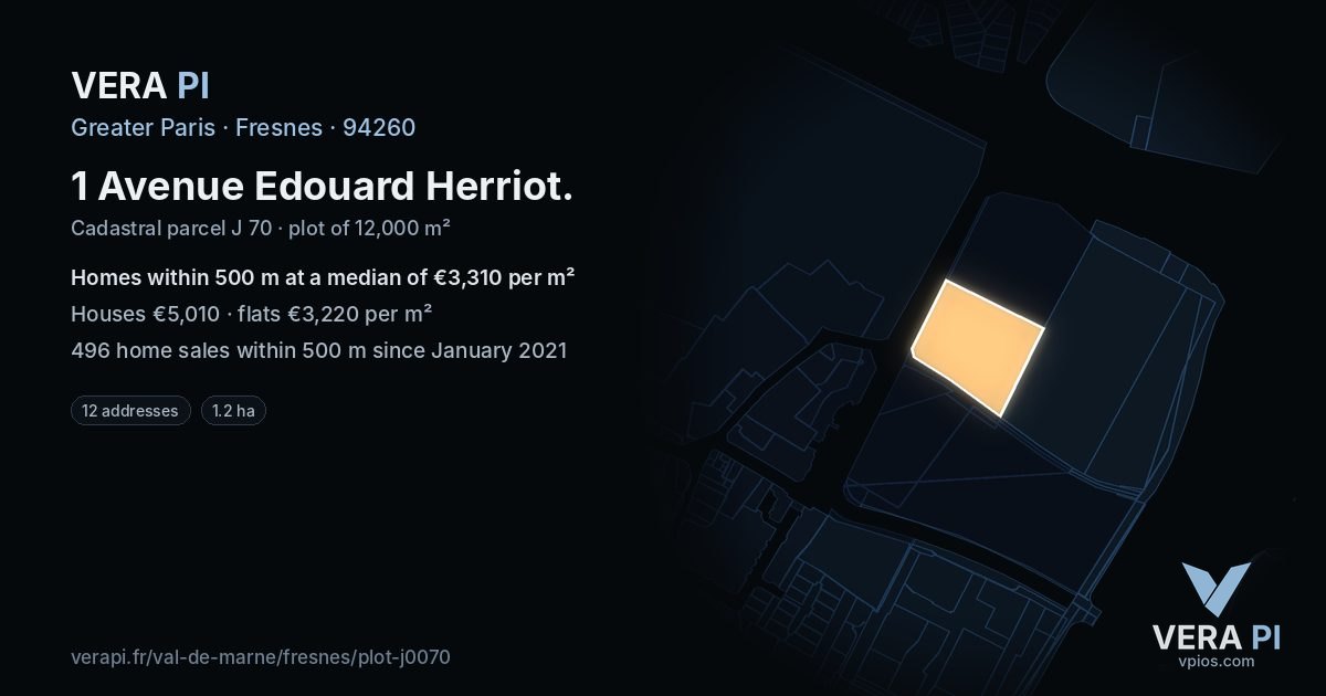 1 Avenue Edouard Herriot, Fresnes at night – the plot lit, the parcels around coloured by the prices near them