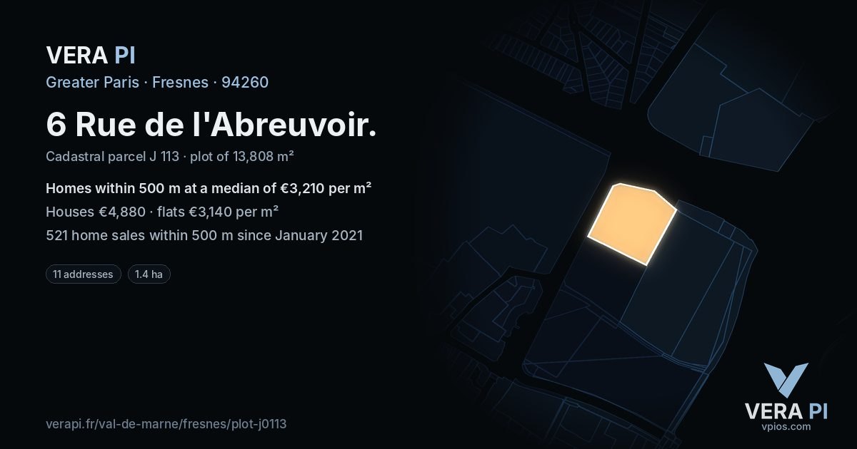 6 Rue de l'Abreuvoir, Fresnes at night – the plot lit, the parcels around coloured by the prices near them