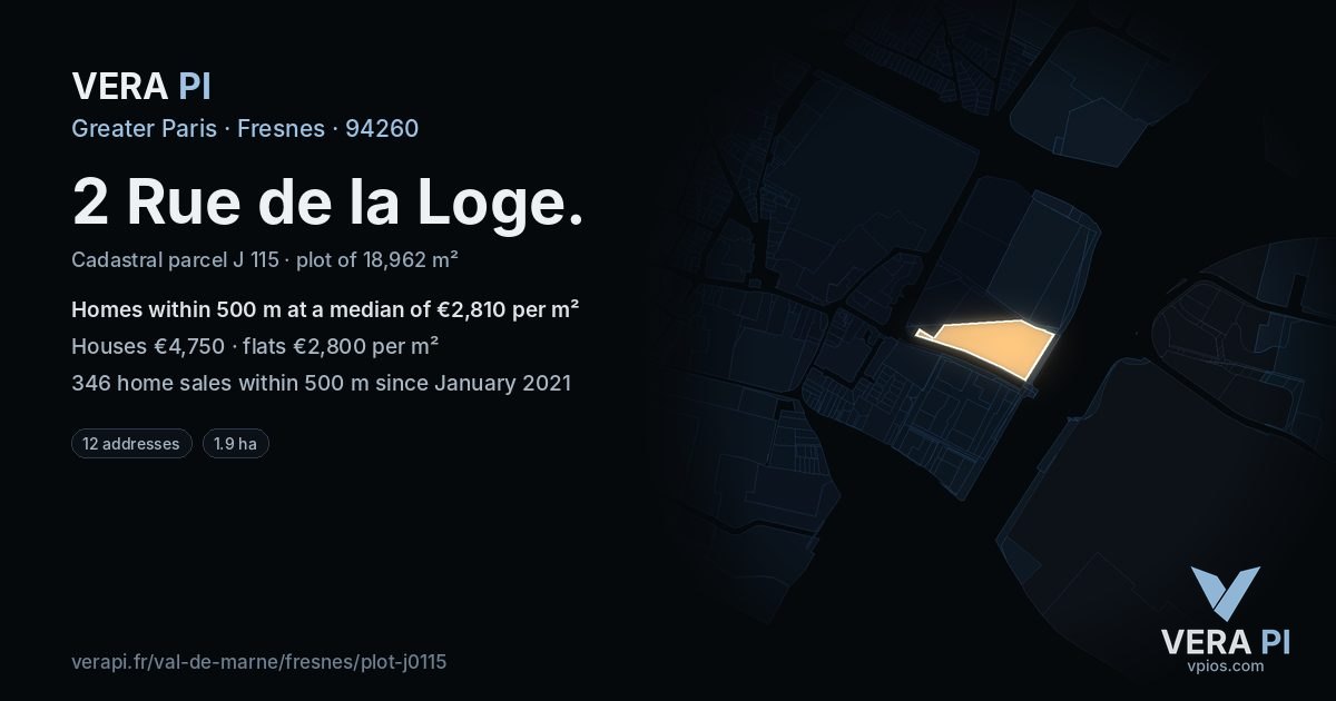 2 Rue de la Loge, Fresnes at night – the plot lit, the parcels around coloured by the prices near them