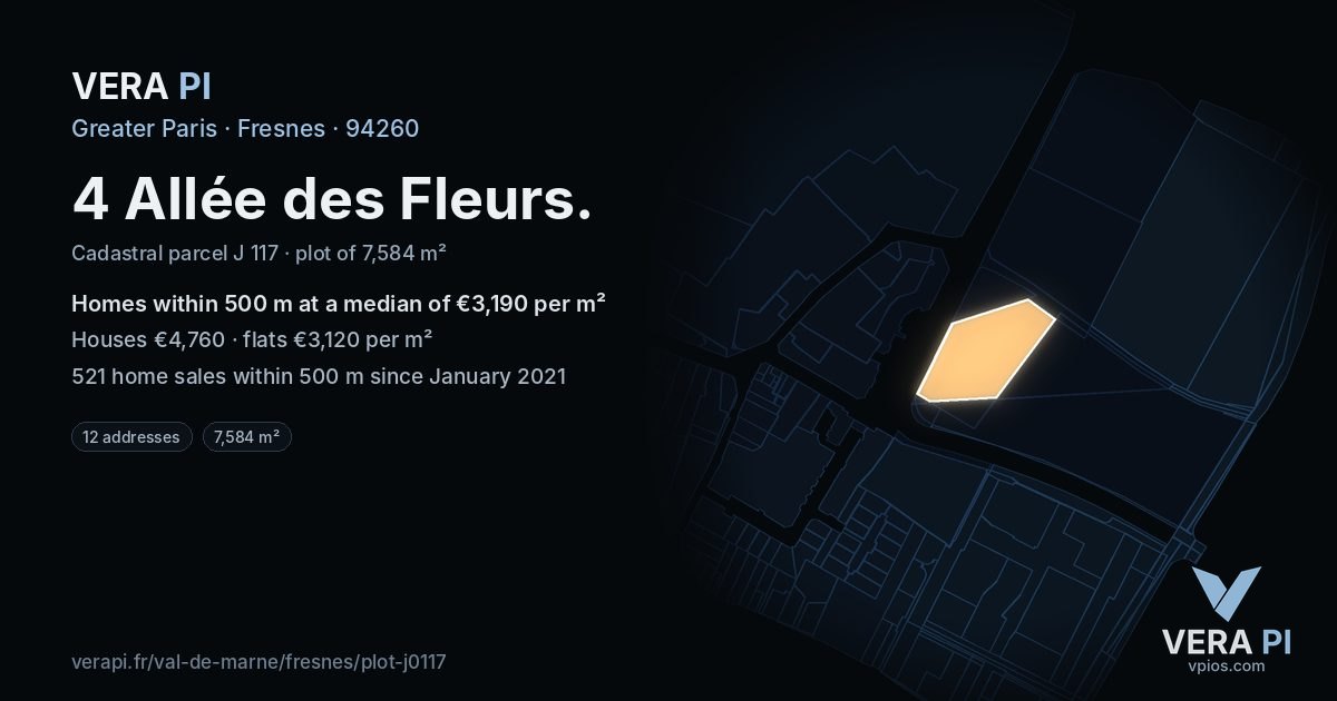 4 Allée des Fleurs, Fresnes at night – the plot lit, the parcels around coloured by the prices near them