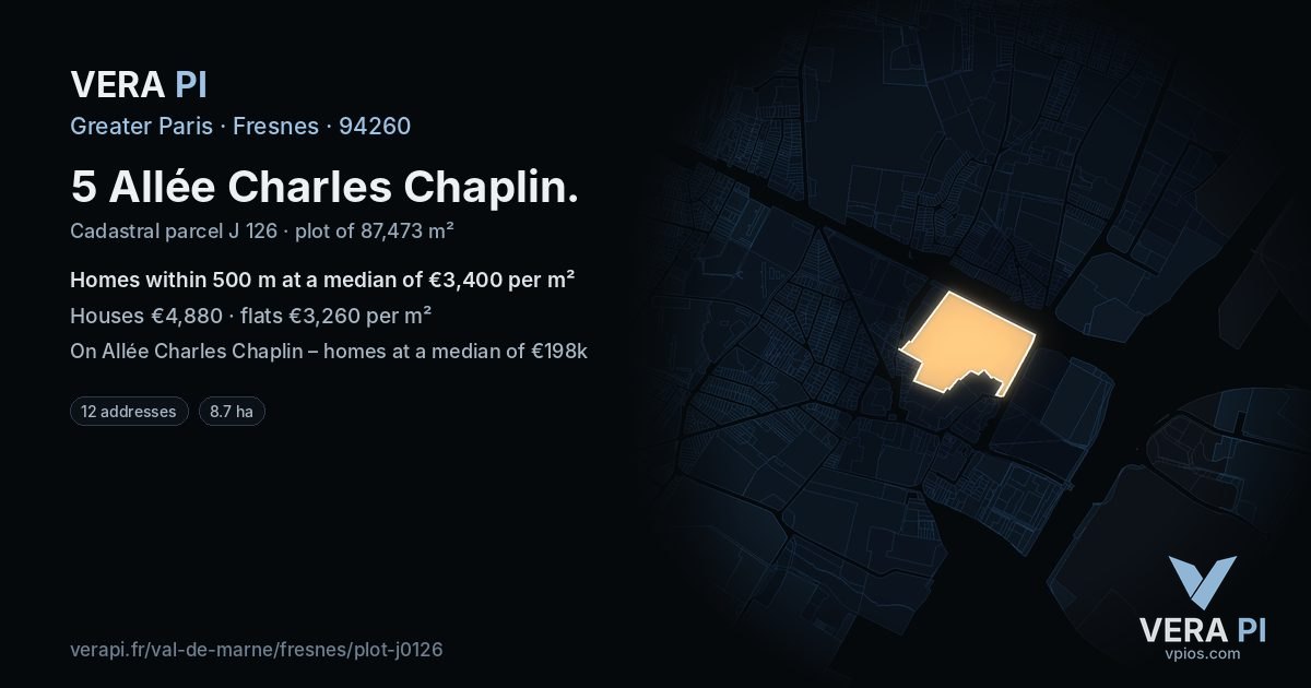 5 Allée Charles Chaplin, Fresnes at night – the plot lit, the parcels around coloured by the prices near them
