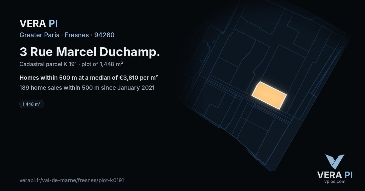 3 Rue Marcel Duchamp, Fresnes at night – the plot lit, the parcels around coloured by the prices near them