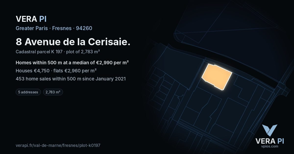 8 Avenue de la Cerisaie, Fresnes at night – the plot lit, the parcels around coloured by the prices near them