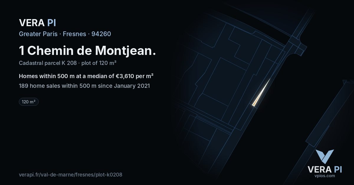 1 Chemin de Montjean, Fresnes at night – the plot lit, the parcels around coloured by the prices near them