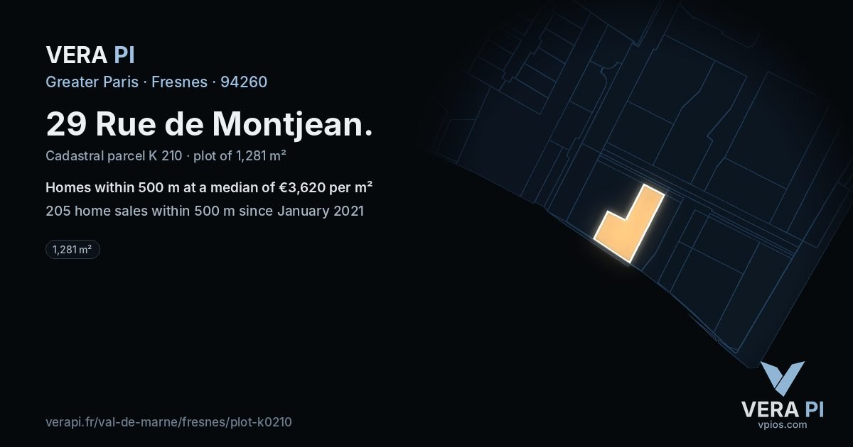 29 Rue de Montjean, Fresnes at night – the plot lit, the parcels around coloured by the prices near them