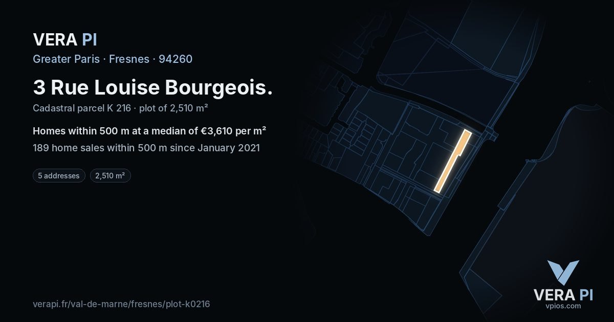 3 Rue Louise Bourgeois, Fresnes at night – the plot lit, the parcels around coloured by the prices near them