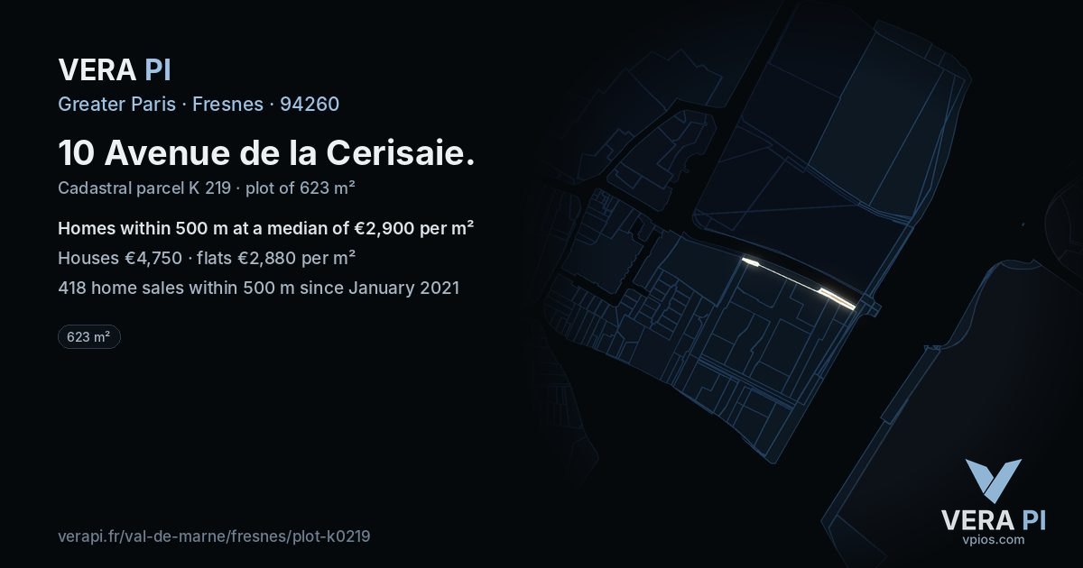 10 Avenue de la Cerisaie, Fresnes at night – the plot lit, the parcels around coloured by the prices near them
