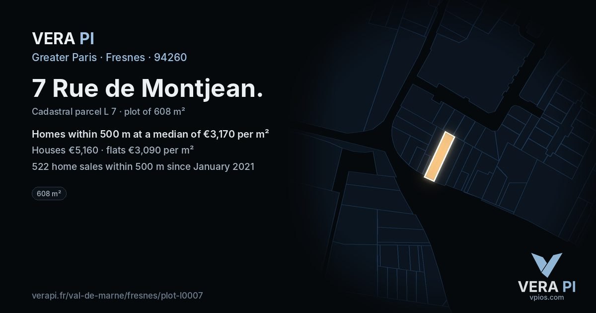 7 Rue de Montjean, Fresnes at night – the plot lit, the parcels around coloured by the prices near them