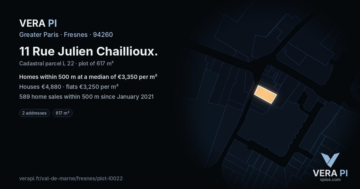 11 Rue Julien Chaillioux, Fresnes at night – the plot lit, the parcels around coloured by the prices near them