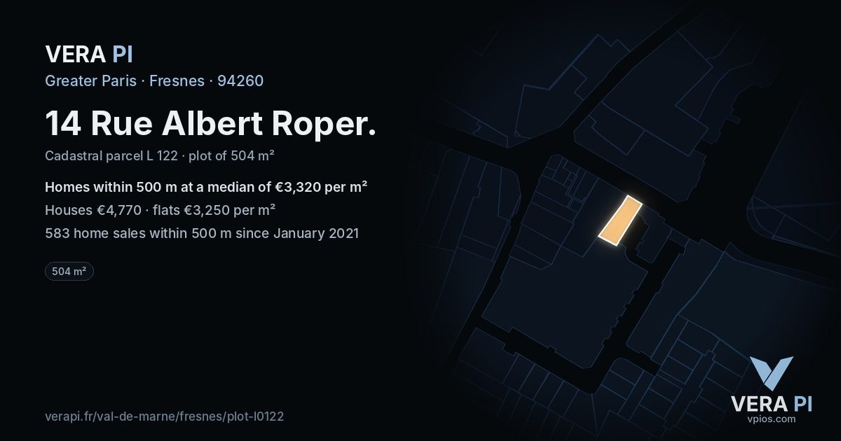 14 Rue Albert Roper, Fresnes at night – the plot lit, the parcels around coloured by the prices near them