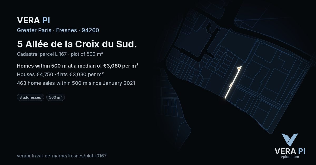 5 Allée de la Croix du Sud, Fresnes at night – the plot lit, the parcels around coloured by the prices near them