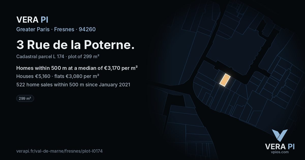 3 Rue de la Poterne, Fresnes at night – the plot lit, the parcels around coloured by the prices near them