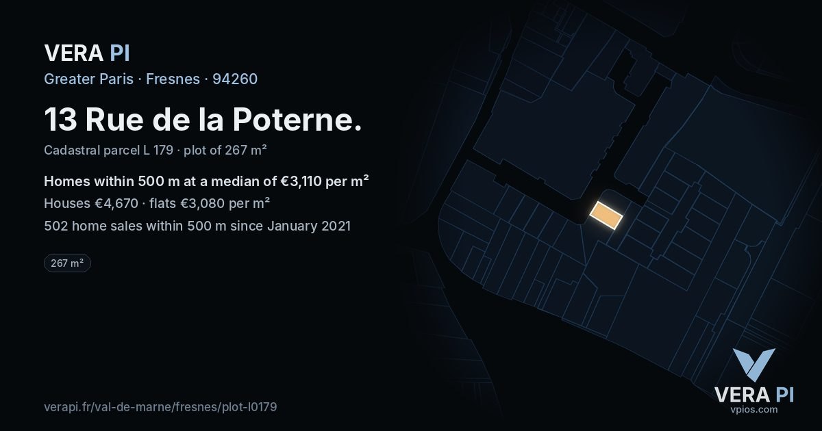 13 Rue de la Poterne, Fresnes at night – the plot lit, the parcels around coloured by the prices near them