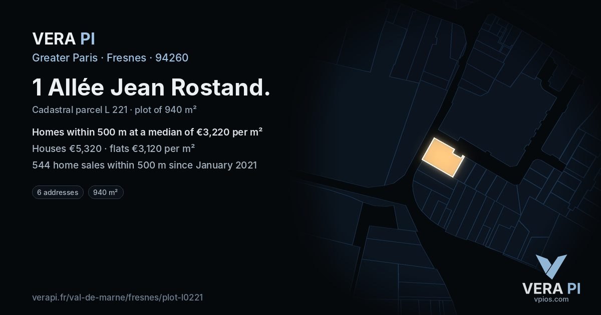 1 Allée Jean Rostand, Fresnes at night – the plot lit, the parcels around coloured by the prices near them