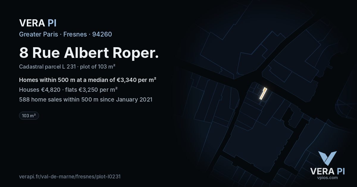 8 Rue Albert Roper, Fresnes at night – the plot lit, the parcels around coloured by the prices near them