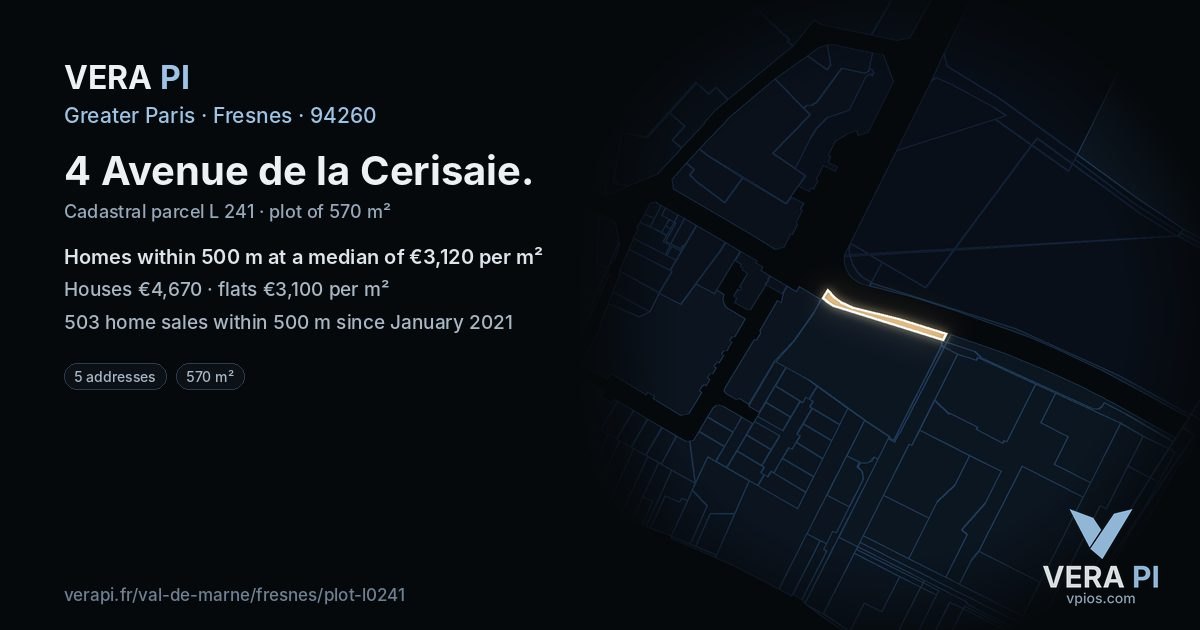 4 Avenue de la Cerisaie, Fresnes at night – the plot lit, the parcels around coloured by the prices near them