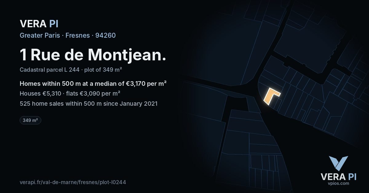 1 Rue de Montjean, Fresnes at night – the plot lit, the parcels around coloured by the prices near them