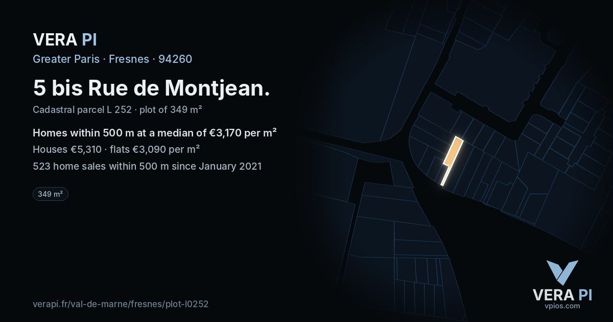 5 bis Rue de Montjean, Fresnes at night – the plot lit, the parcels around coloured by the prices near them