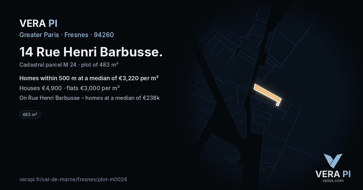 14 Rue Henri Barbusse, Fresnes at night – the plot lit, the parcels around coloured by the prices near them