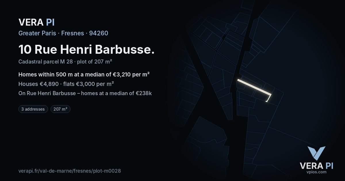 10 Rue Henri Barbusse, Fresnes at night – the plot lit, the parcels around coloured by the prices near them