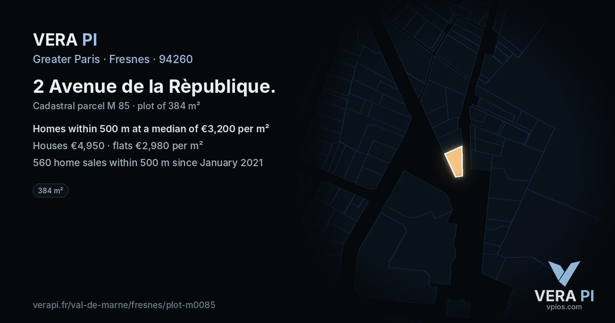 2 Avenue de la Rèpublique, Fresnes at night – the plot lit, the parcels around coloured by the prices near them