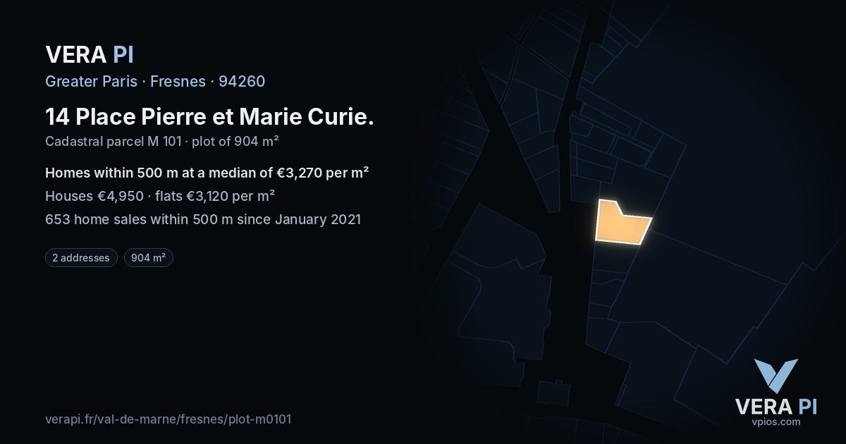 14 Place Pierre et Marie Curie, Fresnes at night – the plot lit, the parcels around coloured by the prices near them