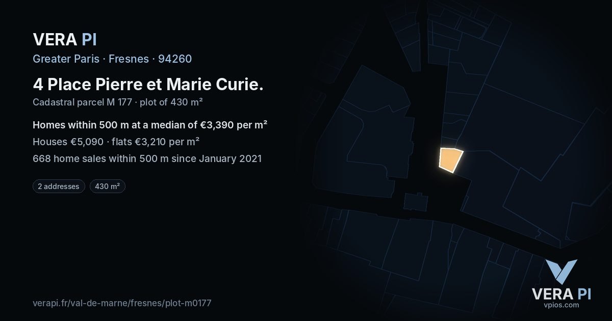 4 Place Pierre et Marie Curie, Fresnes at night – the plot lit, the parcels around coloured by the prices near them