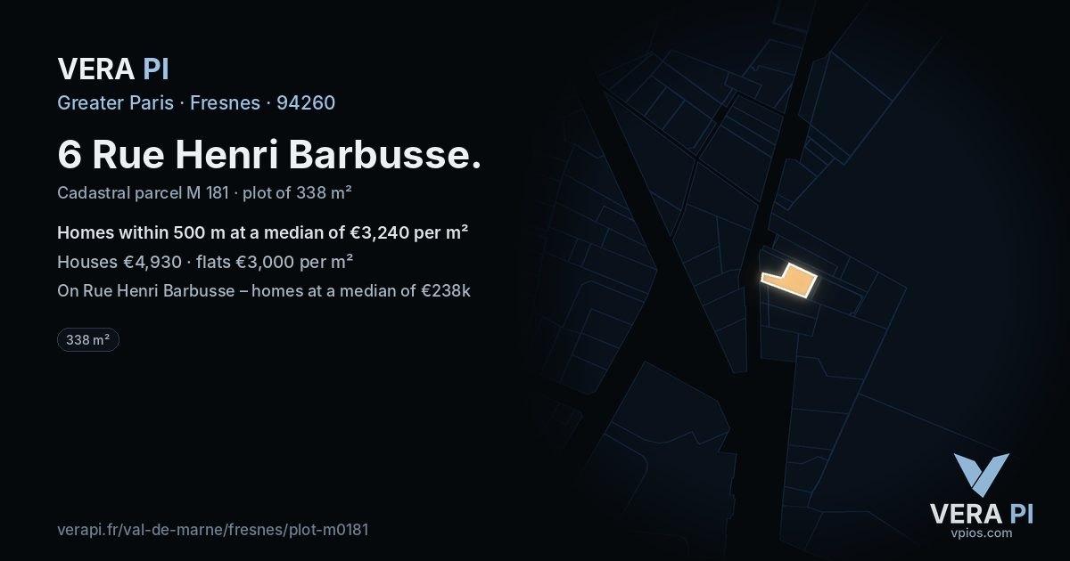 6 Rue Henri Barbusse, Fresnes at night – the plot lit, the parcels around coloured by the prices near them