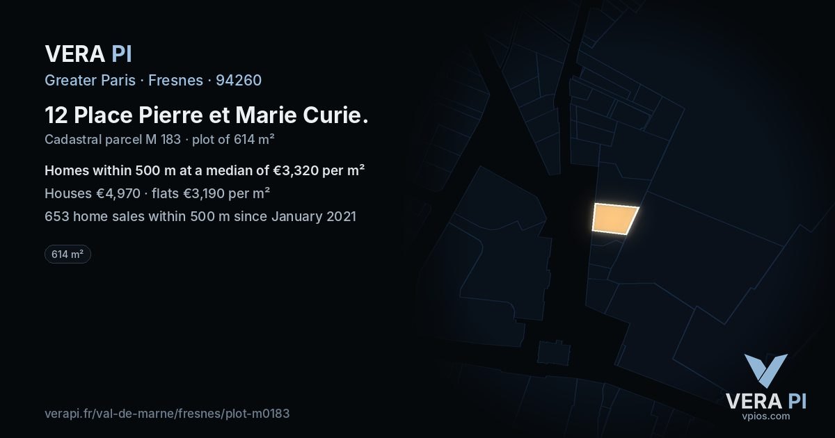 12 Place Pierre et Marie Curie, Fresnes at night – the plot lit, the parcels around coloured by the prices near them