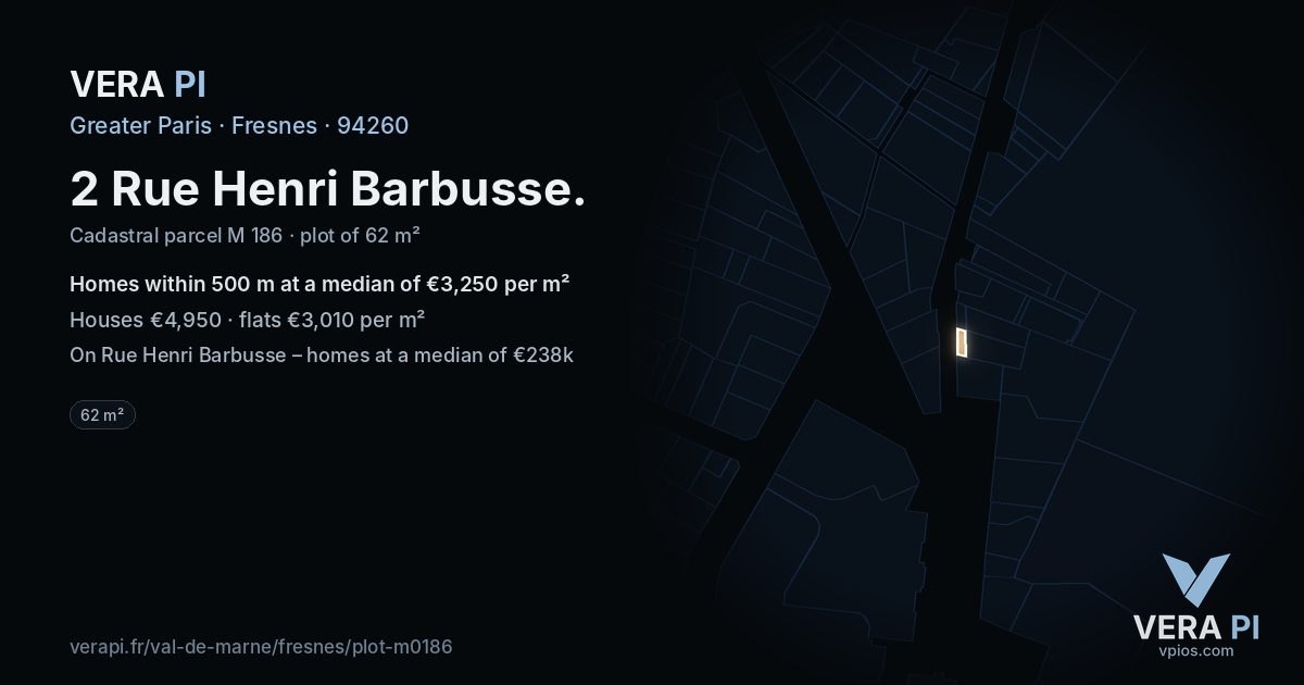 2 Rue Henri Barbusse, Fresnes at night – the plot lit, the parcels around coloured by the prices near them