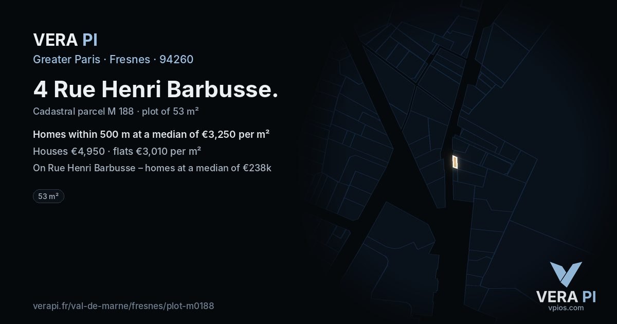 4 Rue Henri Barbusse, Fresnes at night – the plot lit, the parcels around coloured by the prices near them