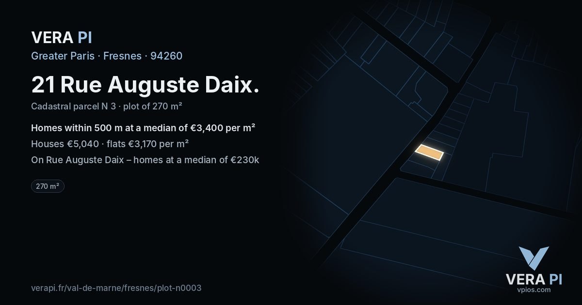 21 Rue Auguste Daix, Fresnes at night – the plot lit, the parcels around coloured by the prices near them