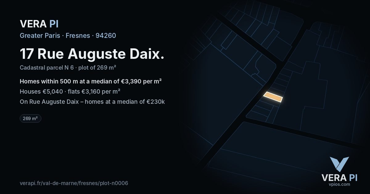 17 Rue Auguste Daix, Fresnes at night – the plot lit, the parcels around coloured by the prices near them