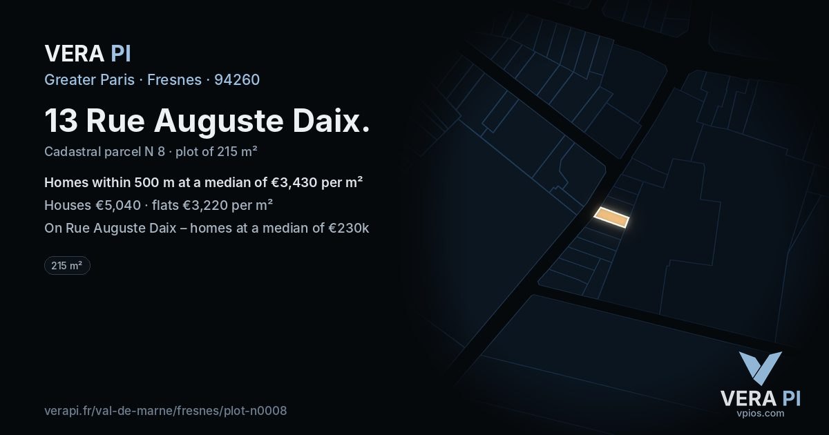13 Rue Auguste Daix, Fresnes at night – the plot lit, the parcels around coloured by the prices near them