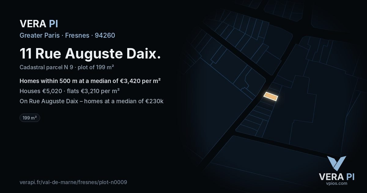 11 Rue Auguste Daix, Fresnes at night – the plot lit, the parcels around coloured by the prices near them