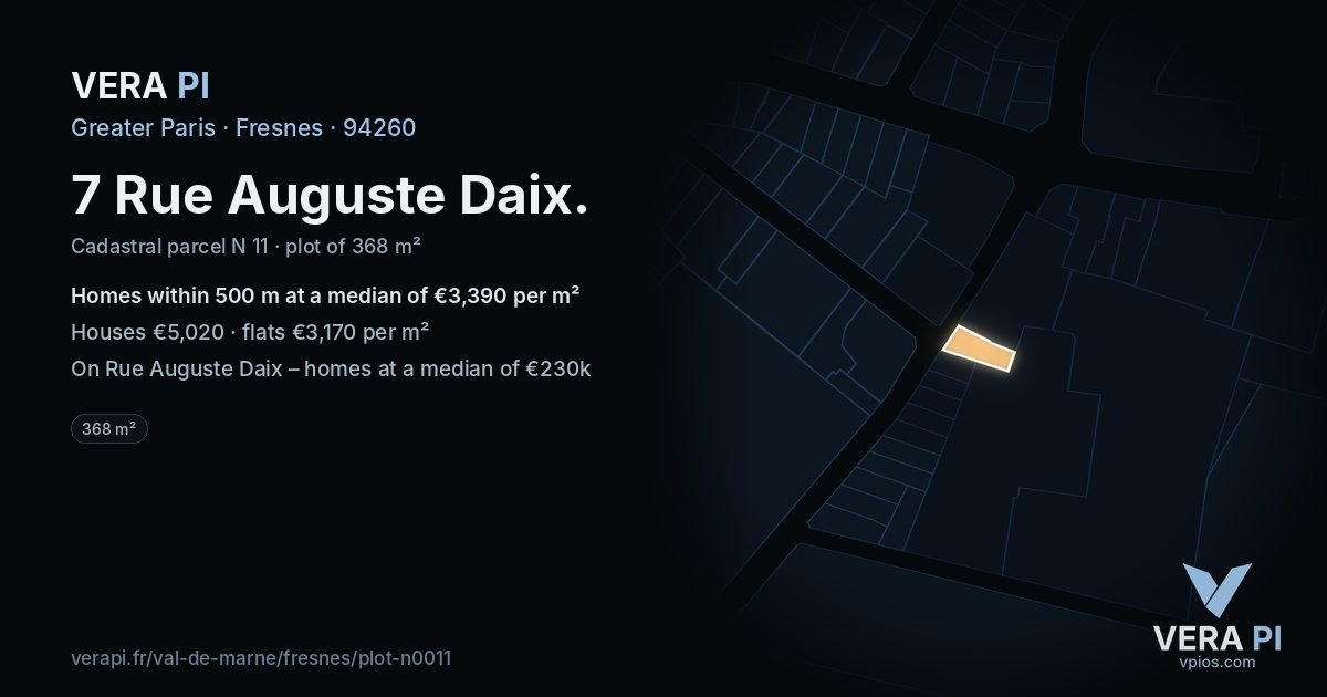 7 Rue Auguste Daix, Fresnes at night – the plot lit, the parcels around coloured by the prices near them