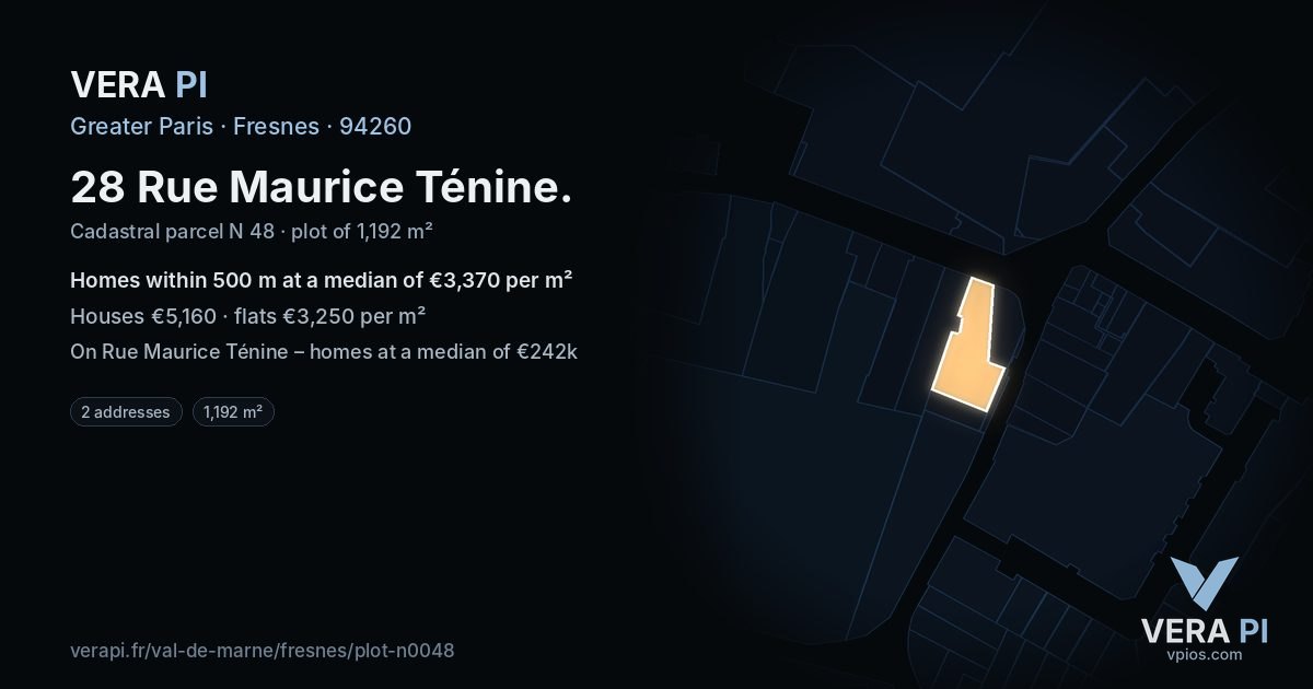28 Rue Maurice Ténine, Fresnes at night – the plot lit, the parcels around coloured by the prices near them