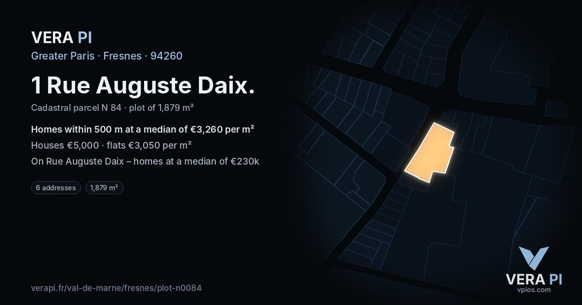 1 Rue Auguste Daix, Fresnes at night – the plot lit, the parcels around coloured by the prices near them