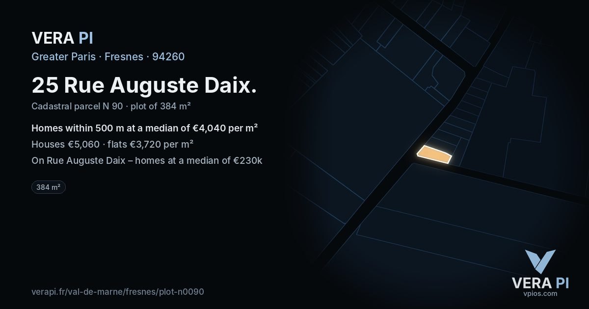 25 Rue Auguste Daix, Fresnes at night – the plot lit, the parcels around coloured by the prices near them