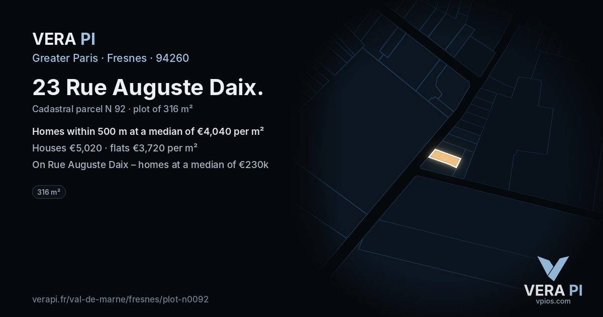 23 Rue Auguste Daix, Fresnes at night – the plot lit, the parcels around coloured by the prices near them