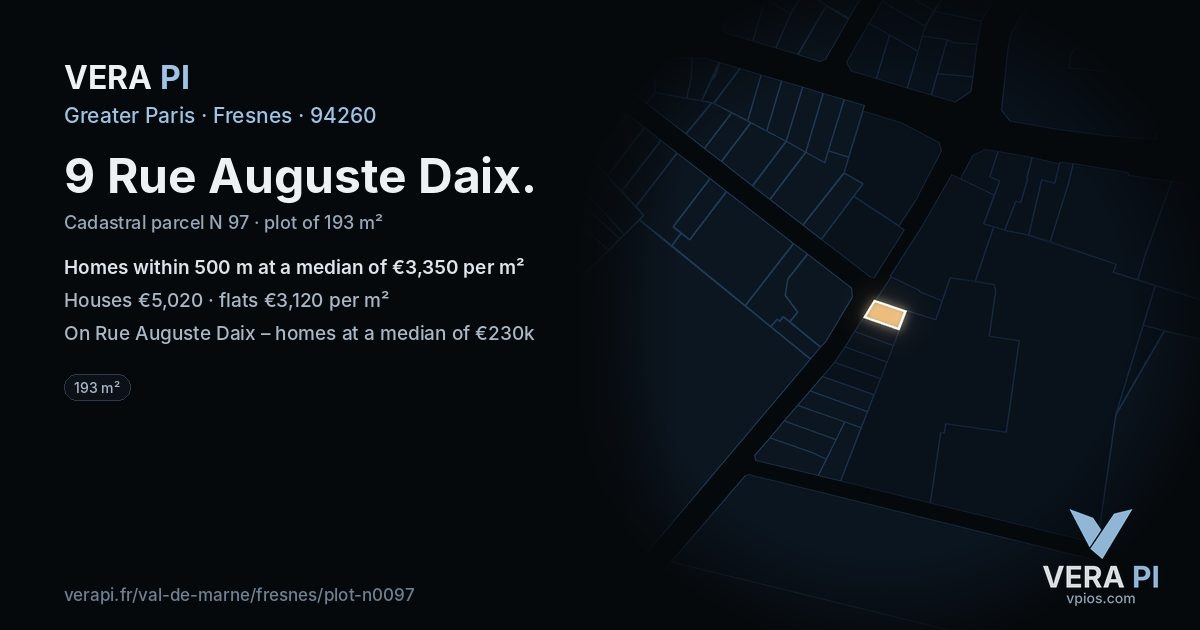 9 Rue Auguste Daix, Fresnes at night – the plot lit, the parcels around coloured by the prices near them