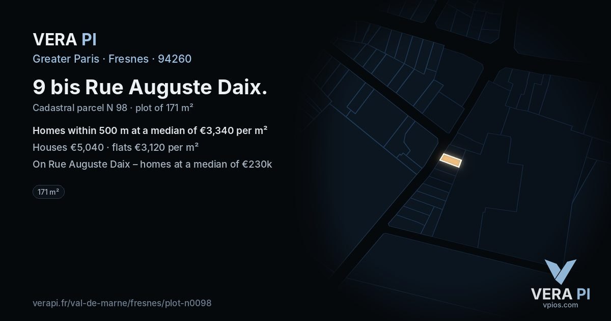 9 bis Rue Auguste Daix, Fresnes at night – the plot lit, the parcels around coloured by the prices near them