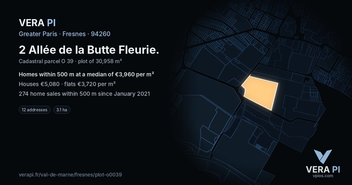 2 Allée de la Butte Fleurie, Fresnes at night – the plot lit, the parcels around coloured by the prices near them