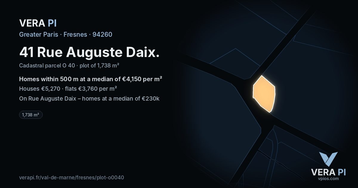 41 Rue Auguste Daix, Fresnes at night – the plot lit, the parcels around coloured by the prices near them