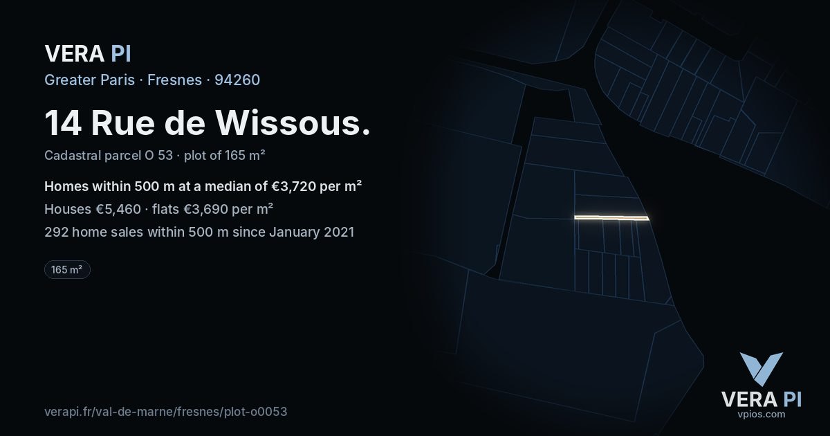 14 Rue de Wissous, Fresnes at night – the plot lit, the parcels around coloured by the prices near them