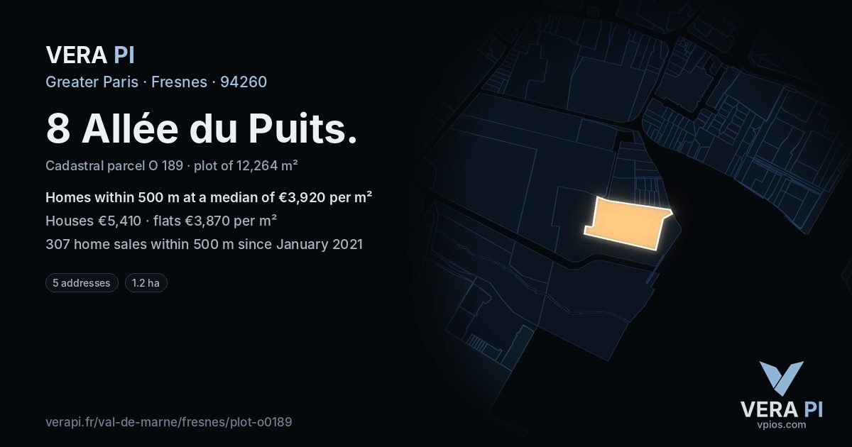 8 Allée du Puits, Fresnes at night – the plot lit, the parcels around coloured by the prices near them