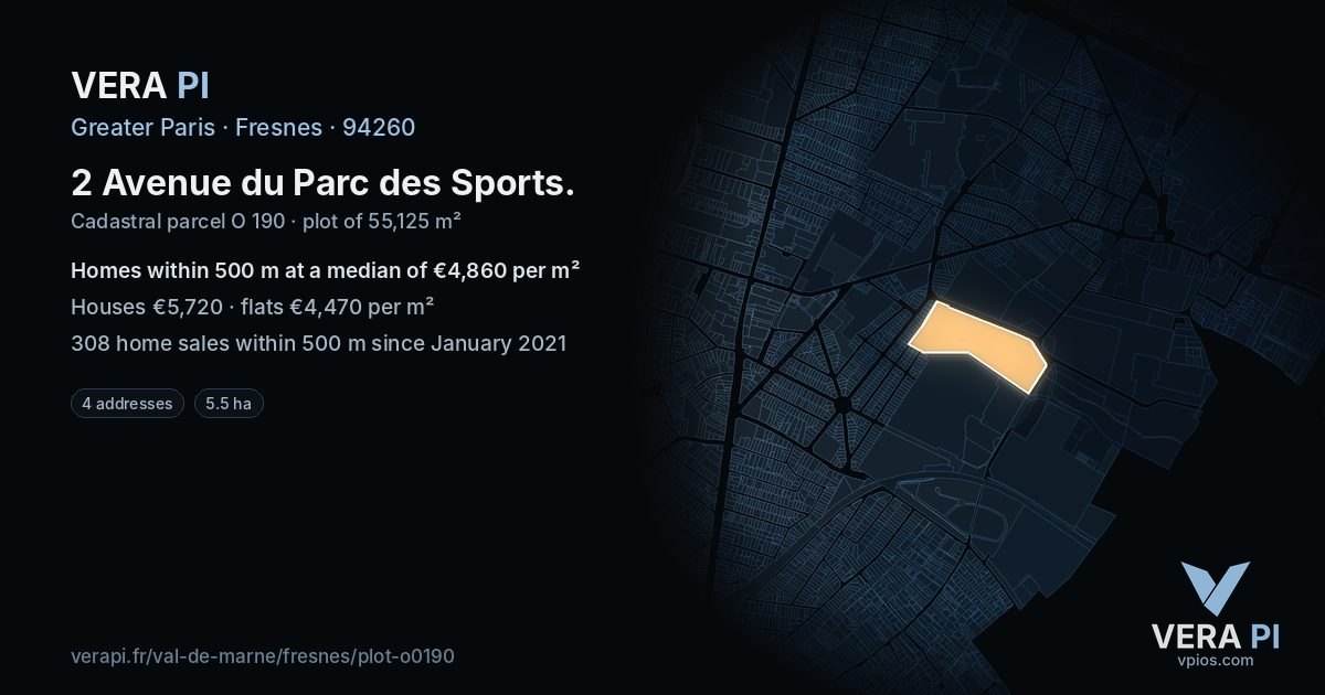 2 Avenue du Parc des Sports, Fresnes at night – the plot lit, the parcels around coloured by the prices near them