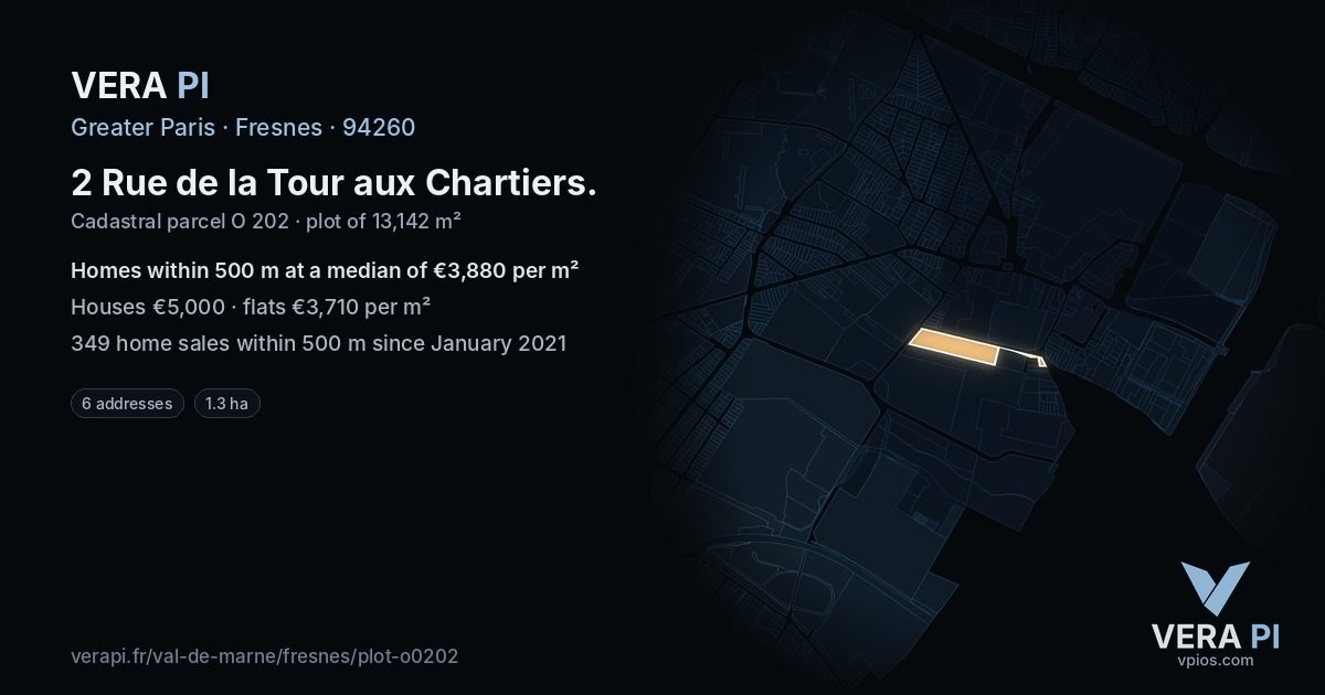 2 Rue de la Tour aux Chartiers, Fresnes at night – the plot lit, the parcels around coloured by the prices near them