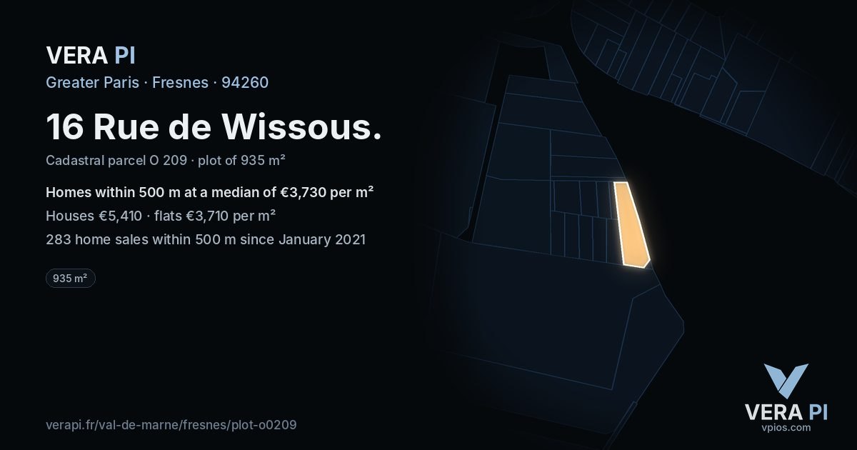 16 Rue de Wissous, Fresnes at night – the plot lit, the parcels around coloured by the prices near them